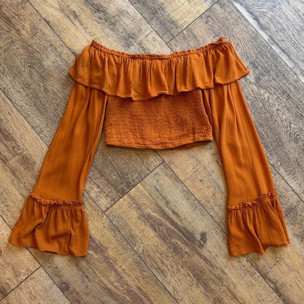 Mooloola Burnt Orange Off-Shoulder Ruffle Crop Top S